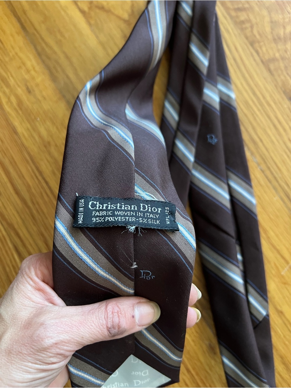 Christian Dior Made in Italy Brown Silk Tie with Blue Stripes - Picture 2 of 3